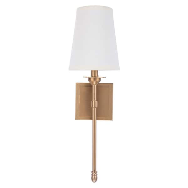 Parrot Uncle Manor 6.2 in. 1-Light Gold Wall Sconce Light with White Fabric Shade