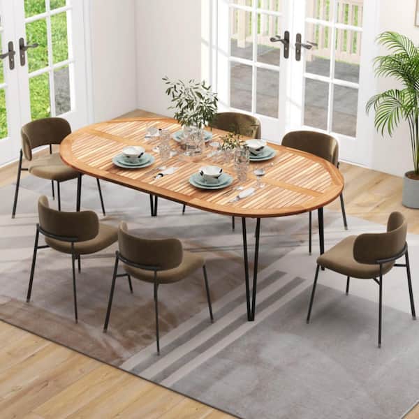 Acacia Wood Patio Dining Table 79 in. W Oval Table with with Umbrella Hole for Balcony, Deck or Porch
