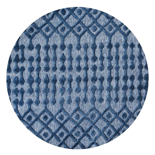 Peralta Navy 5 ft. Round Moroccan Diamond Indoor/Outdoor Area Rug