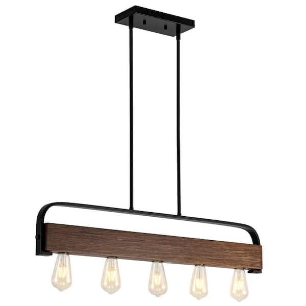 LWYTJO 35.8 in. 5-Light Black/Brown Vintage Farmhouse Kitchen Island Linear Pendant with Wood Accents, No Bulbs Included