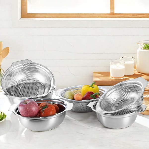 Silver 2.5 qt. Stainless Steel Colander with Mixing Bowl for Kitchen, Colander Bowl Set with Microporous (Set of 2)