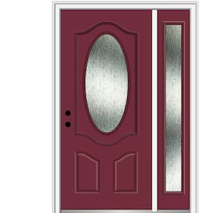50 in. x 80 in. Right-Hand Inswing Rain Glass Burgundy Fiberglass Prehung Front Door on 4-9/16 in. Frame