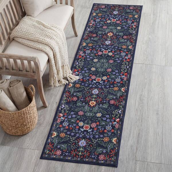 Primrose Art Nouveau Floral Border Machine-Washable Green/Pink 2 ft. x 8 ft. Runner Rug