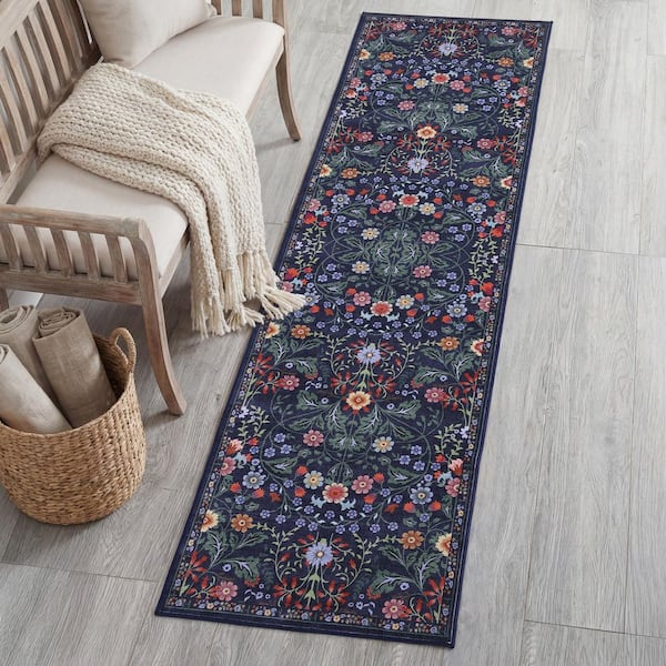 Primrose Art Nouveau Floral Border Machine-Washable Green/Pink 2 ft. x 8 ft. Runner Rug