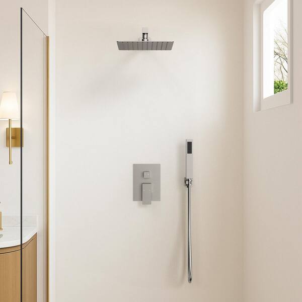 Pressure Balance Single Handle 2-Spray Wall Mount 10 in. Tub and Shower Faucet 2.5 GPM in. Brushed Nickel Valve Included
