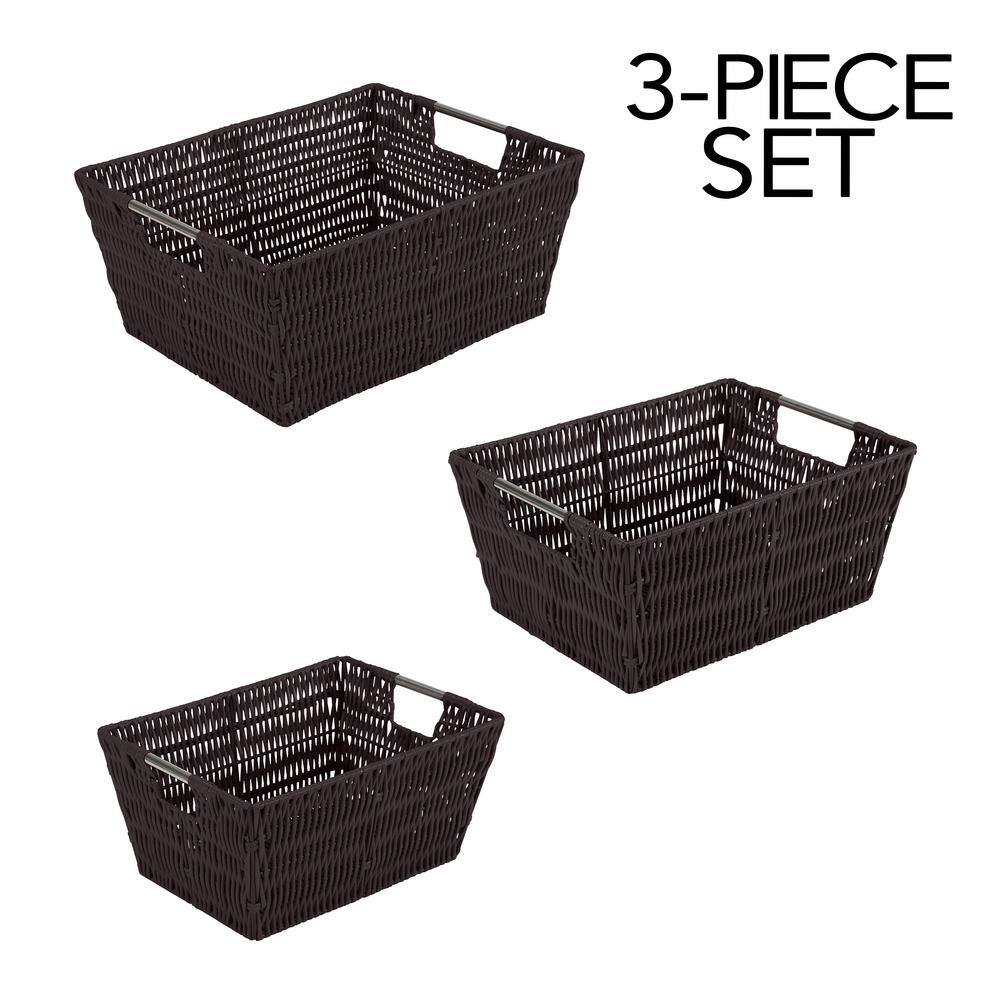 Chocolate Rattan Rectangular Storage Tote with Stainless Steel Handles