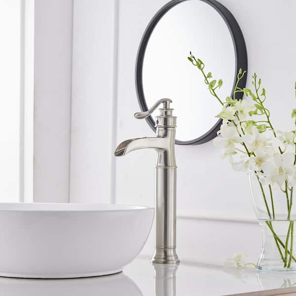 Waterfall Single Hole Single-Handle Vessel Bathroom Faucet With Pop-up Drain Assembly in Brushed Nickel