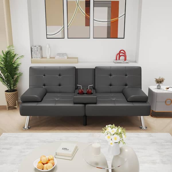 65 in. Convertible Folding Futon Sofa Bed, Gray Faux Leather Upholstered Roomy Love Seat