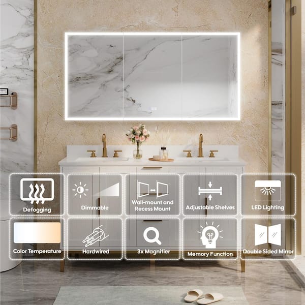 60 in. W x 30 in. H x 6 in. D Rectangular Aluminum Medicine Cabinet with Mirror Double Door Lighted Defogging Dimmer