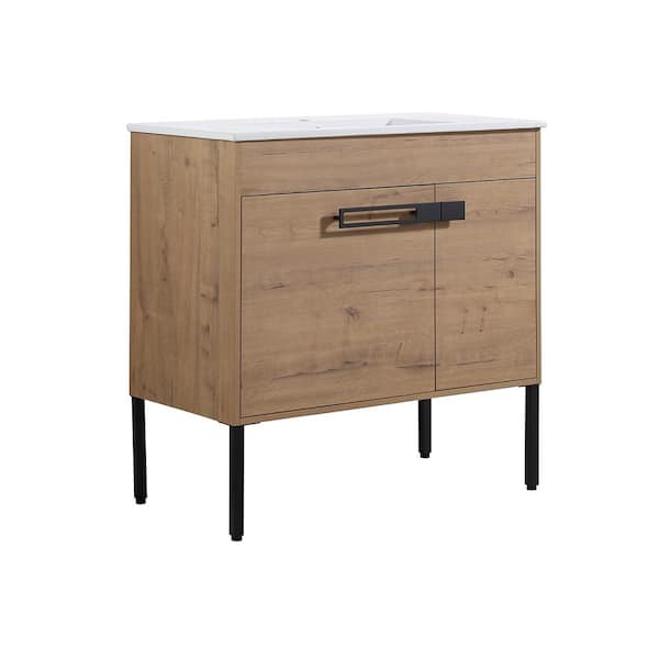 EPOWP 35.2 in. W x 17.9 in. D x 34.3 in. H Bath Vanity in Brown with White Granite Top