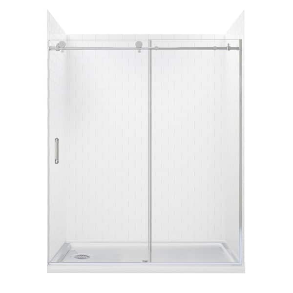 null Marina 60 in. L x 32 in. W x 78 in. H Left Drain Alcove Shower Stall/Kit in White Subway with Silver Trim