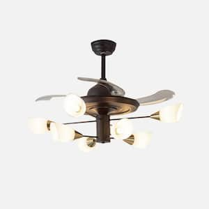 42 in. 8-Light Black Indoor Ceiling Fan with Remote, Retractable Ceiling Fan with Milky Lampshade, Bulbs Not Included