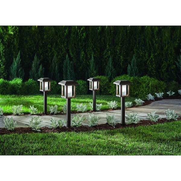 Hampton Bay 20 Lumens 2-Tone Bronze and Wood LED Outdoor Solar Landscape Path Light Set with Vintage Bulb (4-Pack)