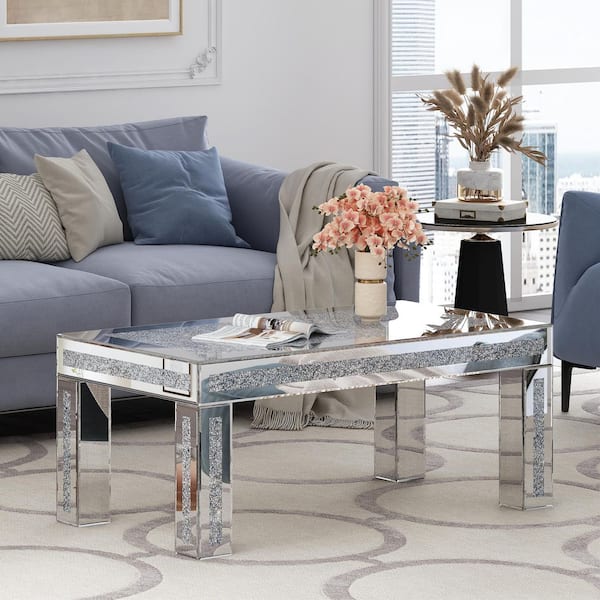 Silver 43.4 in. W x 16 in. H Rectangle Mirrored Glass Coffee Table with Diamond Inlay