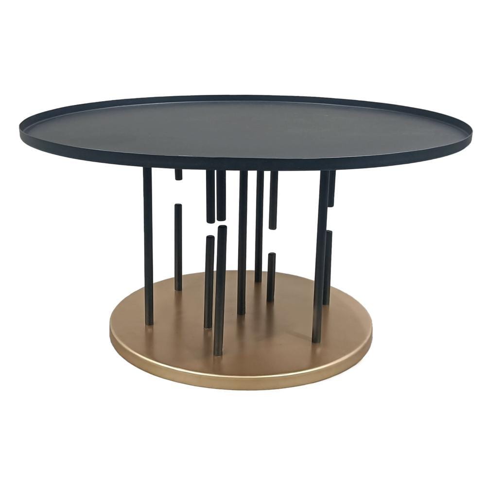 31" Round Matte Black and Brass Metal Coffee Table