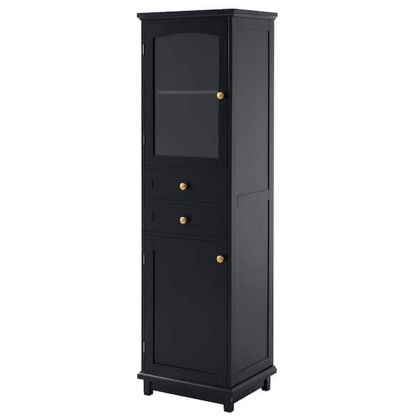 17.7 in. W x 14.2 in. D x 63 in. H Black Wood Linen Cabinet with Glass Doors, Drawers and Adjustable Shelves