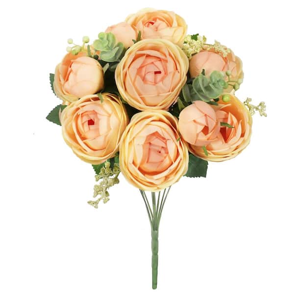 LIVING LUXURY 18 in. Peach Artificial Ranunculus Flower Stem Bush Bouquet (Set of 2)