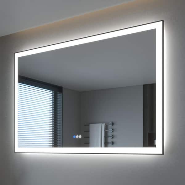 60 in. W x 40 in. H Rectangular Framed LED Anti-Fog Wall Bathroom Vanity Mirror in Black with Backlit and Front Light