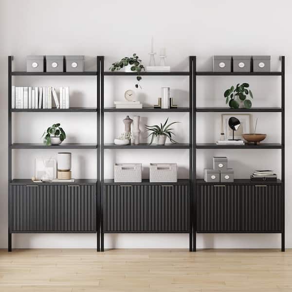 Nathan James Jasper 72 in. Tall Black Oak Solid Wood 3-Shelf Standard Ladder Bookcase with Fluted Cabinet, Set of 3