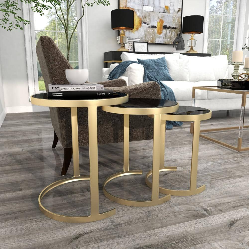 Elegant Gold Metal and Mirrored Glass Round Nesting Tables, Set of 3