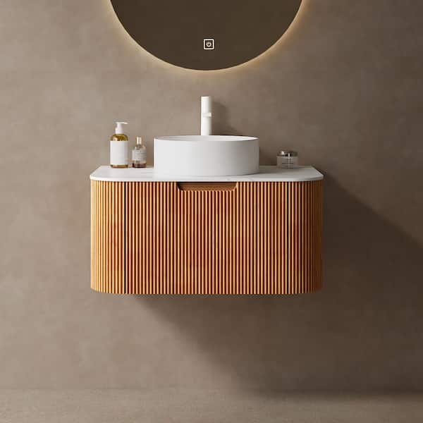 30 in. W Single Sink Wall-Mounted Bath Vanity in Natural Wood with White Engineered Marble Top Assembled