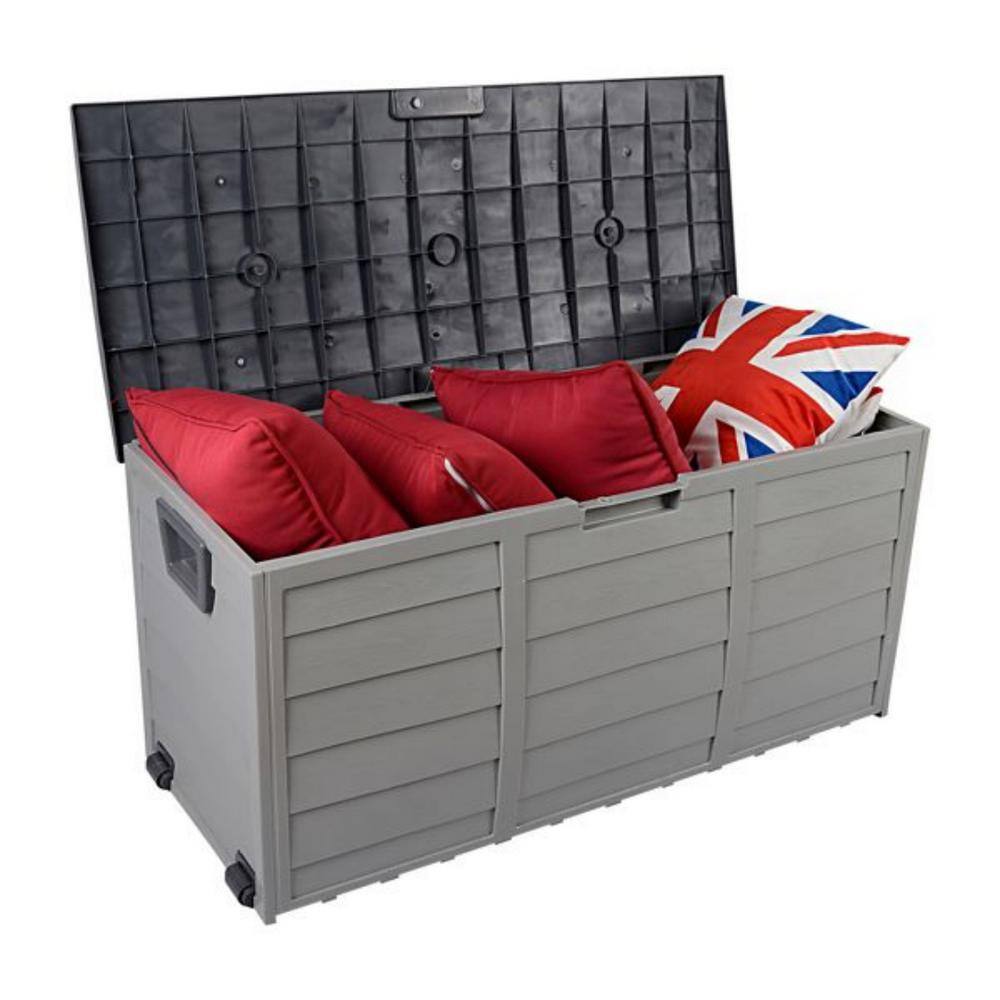 Gray Plastic Lockable Deck Box with Wheels and 75 Gallon Capacity