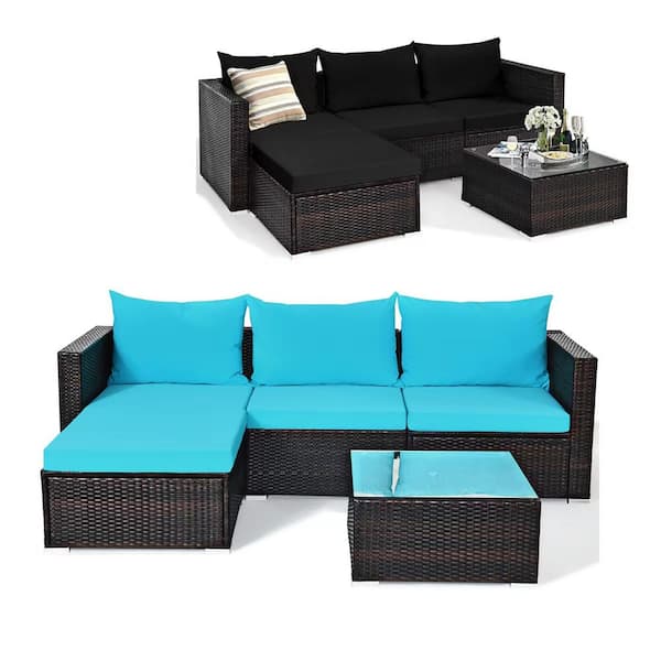 Gymax 5-Pieces Cushioned Rattan Patio Conversation Set with Turquoise and Black Cushions