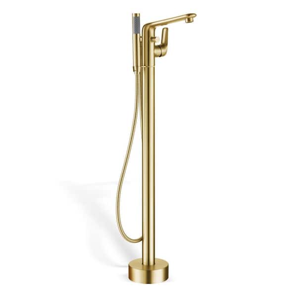 Single-Handle Freestanding Tub Faucet with Handheld Shower in Brushed Gold