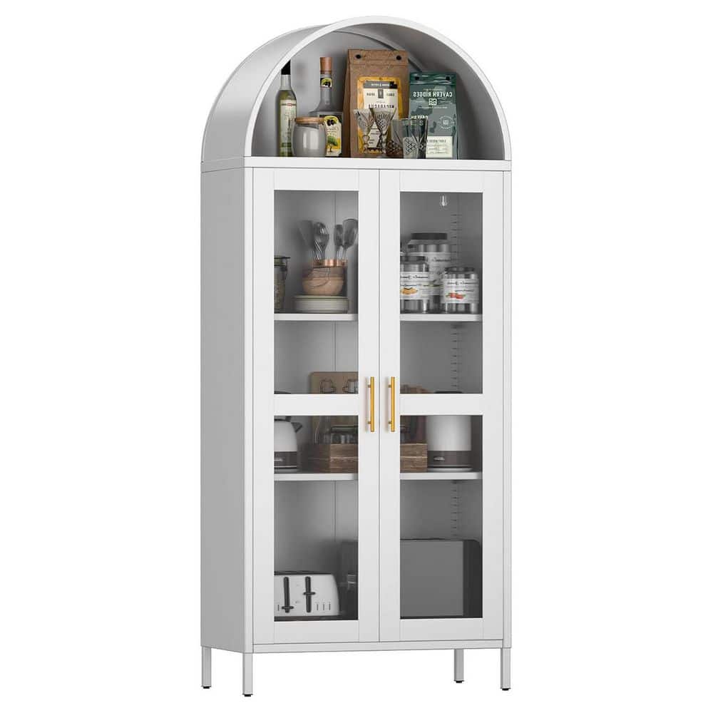 White metal storage cabinet with arched top and glass doors on a white background.