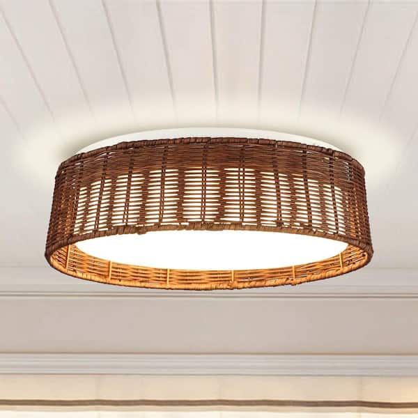 Parrot Uncle 16.5 in. 23-Watt Integrated LED Flush Mount Ceiling Light Fixture with Rattan Shade and Acrylic Diffuser