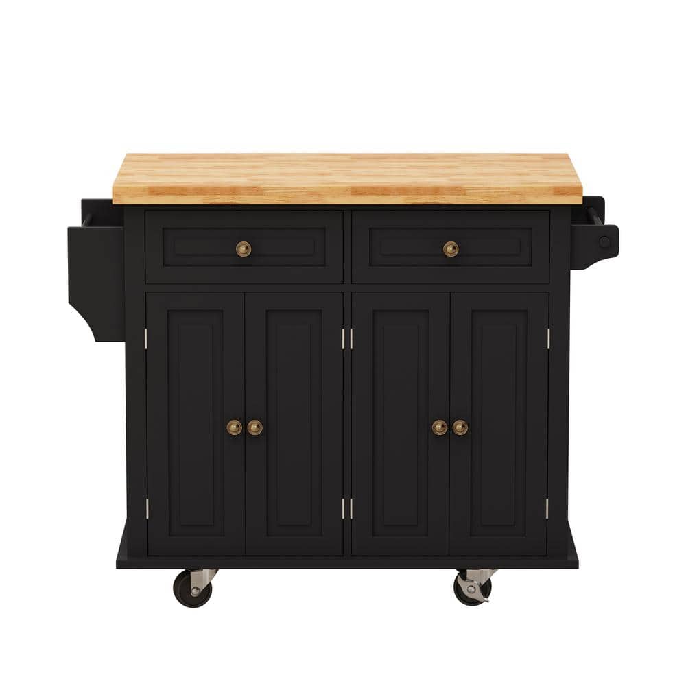 Black Wood 43.7 in. Kitchen Island with 2 Locking Wheels, 4 Door and 2 Draw