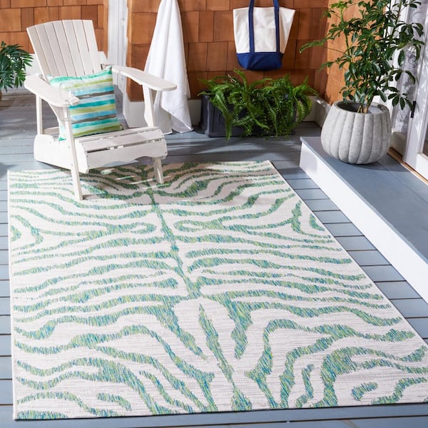 Courtyard Ivory/Green 7 ft. x 7 ft. Zebra Indoor/Outdoor Square Area Rug
