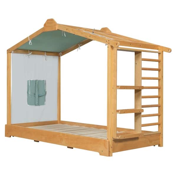 Natural Wood Twin House Platform Bed with Trundle and Side Shelves durable construction easy to install