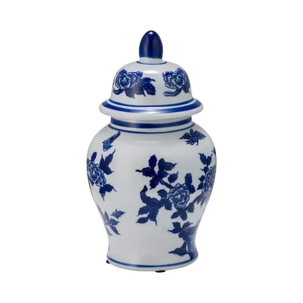 Liv & Skye 10 in. Blue and White Chinoiserie Floral Temple Jar