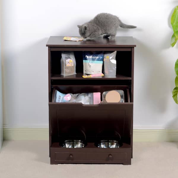 Runesay Pet Feeder Station with Storage Made of MDF Waterproof Painted Dog  and Cat Feeder Cabinet with Stainless Bowl in Brown 002GROPEYGFU - The Home  Depot