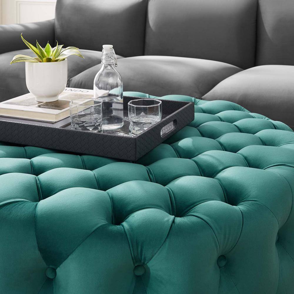 Teal Velvet Tufted Round Ottoman with Button Accents