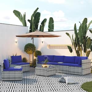 7-Piece Gray Wicker Patio Conversation Set with Navy Blue Cushions