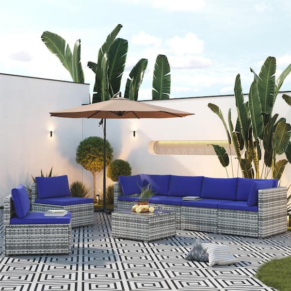 LQOFZ 7-Piece Gray Wicker Patio Conversation Set with Navy Blue Cushions