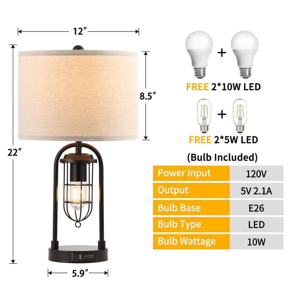 21.5'' Black Metal Table Lamp Set with USB Ports and Lantern Night Light