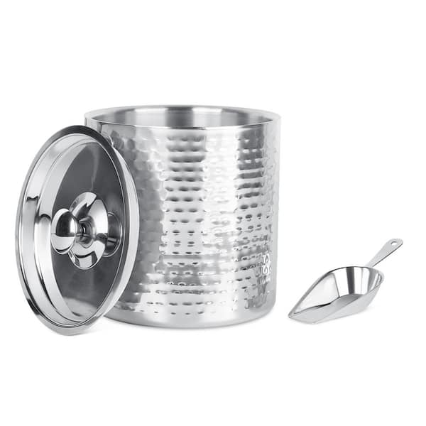 Ice Bucket - Silver Hammered Stainless Steel, With Scoop and Lid