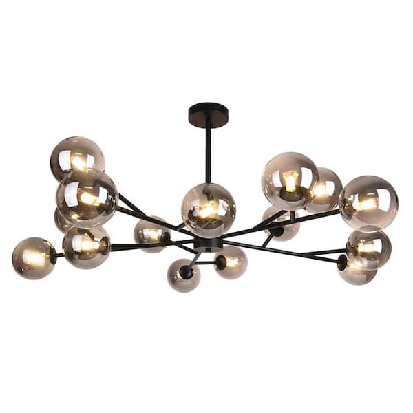RRTYO 15-Light Farmhouse Black Sphere Linear Pendant Chandelier with Gray Glass Shade - The Home Depot