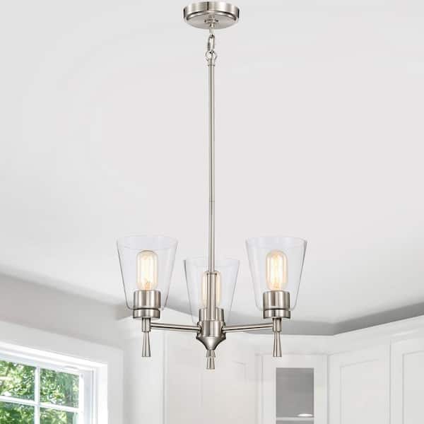 Edvivi Briarwood 3-Light Brushed Nickel Modern Chandelier with Clear Cone Glass Shades