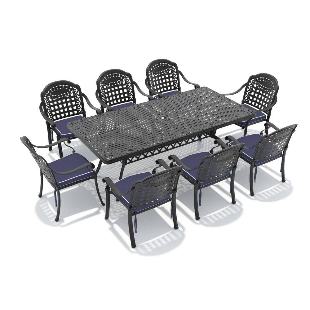 9-Piece Aluminum Patio Outdoor Dining Set with 8 Chairs, Rectangular Table, Umbrella Hole and Blue Cushions price history on PriceWatchPro