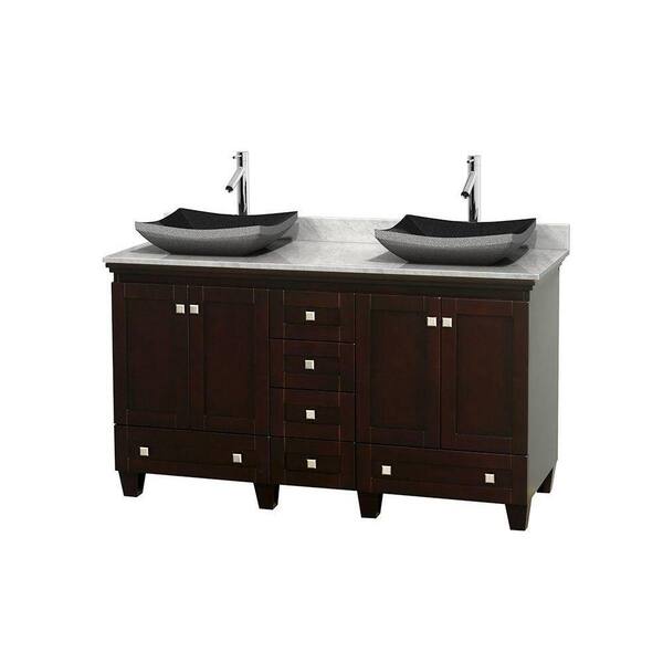 Wyndham Collection Acclaim 60 in. W Double Vanity in Espresso with Marble Vanity Top in Carrara White and Black Sinks