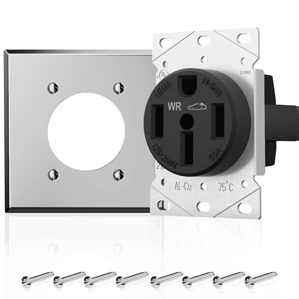 50 Amp 125/250 V NEMA EV Charger Weather Resistant Electric Vehicle Outlet w/Stainless Wall Plate UL Listed, Black 1-Pc