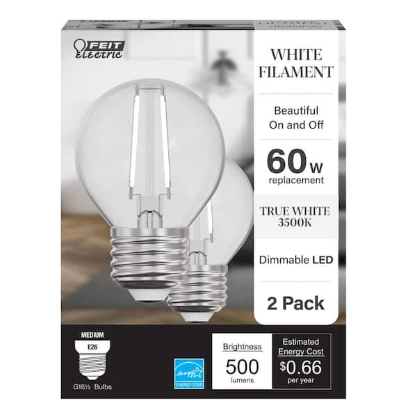Feit Electric 60-Watt Equivalent G16.5 Dimmable White Filament CEC Clear Glass Globe E26 LED Light Bulb, True White 3500K (2-Pack)