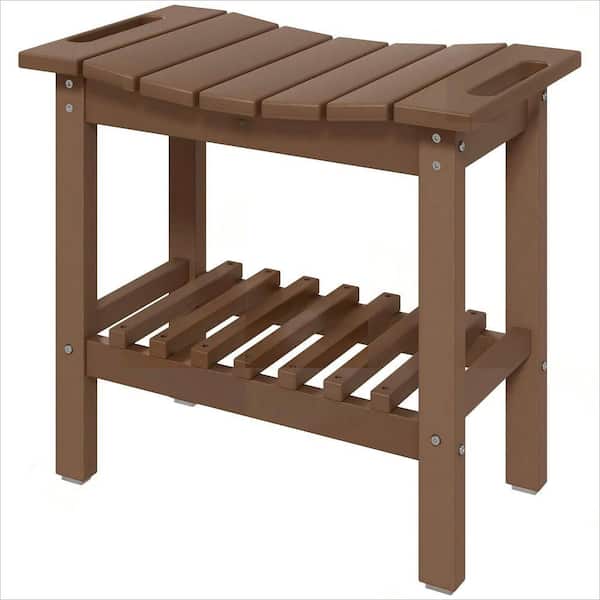 Multi-Use 2-Tier HDPE Bench and Side Table-Brown, Non-Slip, Handles, Weather Resistant for Patio, Pool
