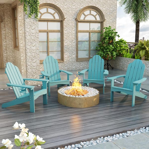 Recycled HIPS Plastic Lake Blue Weather Resistant With Cup Holder Outdoor Adirondack Chair For Patio and Pool set of 4