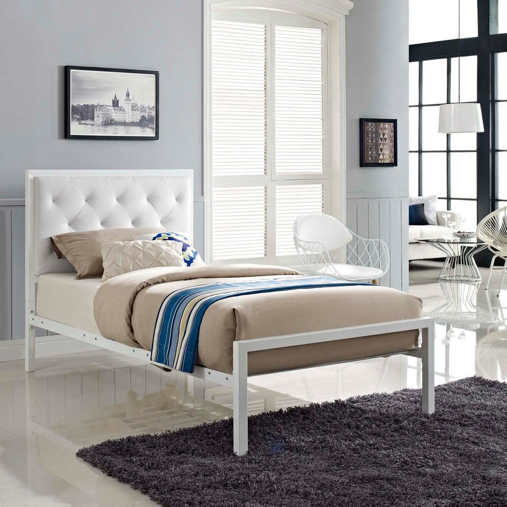 Mia White Wood Frame Twin Platform Bed with Upholstered Headboard price history on PriceWatchPro
