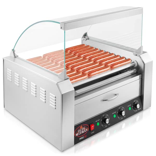 Olde Midway 30 Hot Dog Silver Stainless Steel Electric 5 Roller Indoor Grill Cooker Machine with Warming Drawer and Cover 1600-Watt